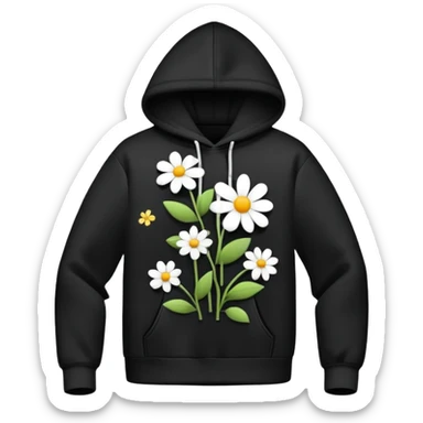 The BLACK Hoodie features a black base with distinctive white and black  open flower spots with empty space in the middle, These hollow ring-like patterns are scattered across. BLACK AND WHITE FLOWERS SPACED OUT FLOWERS, AND ONLY A FEW FLOWERS AND NO DOTS, NO VINES, NO LEAVES sticker