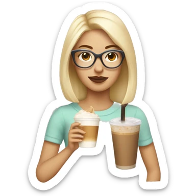girl with blonde hair and transparent glasses drinking a dirty iced chai latte  sticker