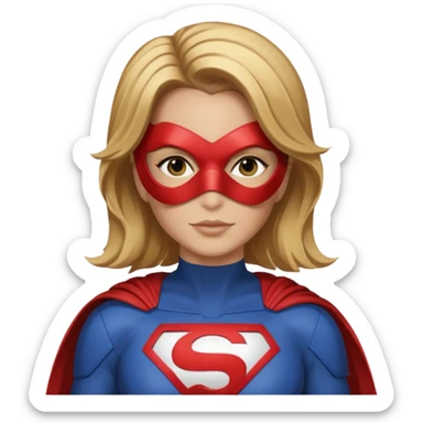 Mujer súper heroína tipo la de WhatsApp. Pelo marrón claro y mechas rubias por los hombros. Con antifaz y traje de héroe, que se vea solo hasta los hombros y logo MJ en el traje. Como la de WhatsApp  sticker