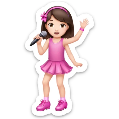 Cute Little brunette girl singing into a microphone and dancing while wearing pink and and sparkles and cute shoes  sticker