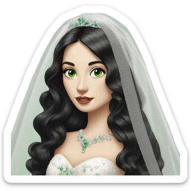 Hyper Realistic ornate ballgown long sleeve Wedding dress with diamanté on Russian bride with pale skin and green eyes and long black hair with veil hyper realistic  sticker
