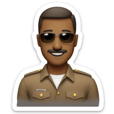 smiling man with a short haircut and short mustache wearing a brown uniform and sunglasses sticker