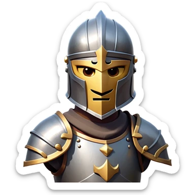 clash-of-clans-aesthetic_-cinematic-fearsome-and-majestic-knight-bust-portrait-emoji, rendered in a flat, vector-style with minimal shading and bold, simplified shapes, depicting a battle-ready medieval knight with steely eyes and intricate armor, mounted on a warhorse reflecting sunlight over a misty battlefield. sticker