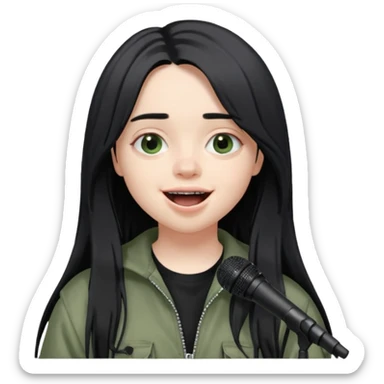 billie eilish is singing, holding mirco and smile sticker