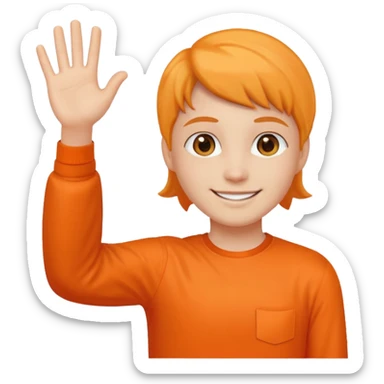 say hi with arm and hand. clothes with orange sticker