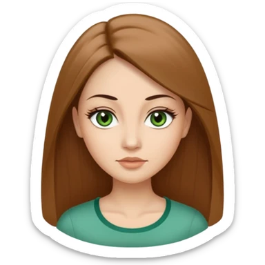 Adult woman avatar, light skin tone, oval face, long straight brown hair, green almond-shaped eyes with dramatic eyelashes and minimal eyeliner, neutral mouth, medium straight eyebrows, small nose, smooth skin sticker