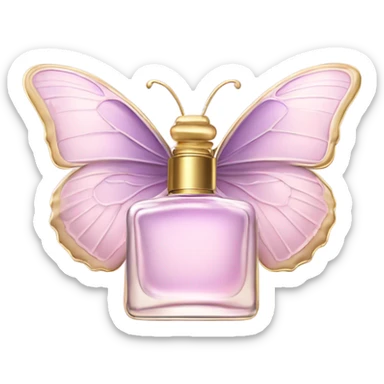  pastel pink butterfly resting on an elegant lavender perfume bottle with gold details. sticker