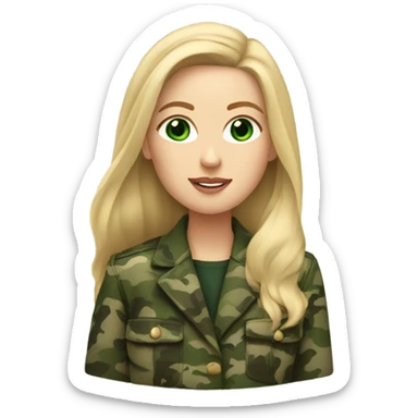 White girl with Long blonde hair and green eyes, camouflage Wool oversize blazer sticker