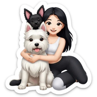 A asain girl with long black hair. She is wearing a white crop top and black legging,she is smiling and hugging a west highland terrier with big ears  sticker
