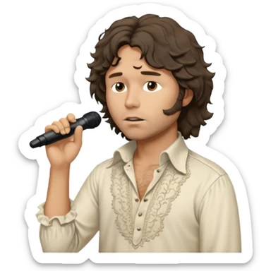 solarpunk realistic ultra HD - a thoughtful, messy, shaggy Jim Morrison in a ivory Victorian shirt, singing on stage sticker