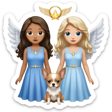 Three women as pretty angels with wings and isolated dresses, brown eyed light skin with dark blonde long hair and Brown eyed light skin black long wavy hair and blue eyed light skin long blonde hair with blue and tan Merle Frenchie black and tan chihuahua  sticker