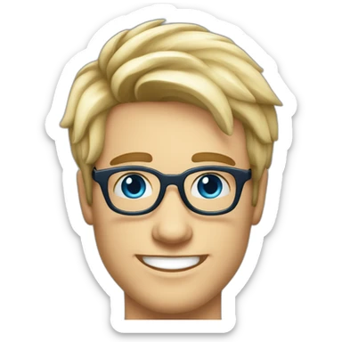 Handsome young man 25 years old blue eyes short blond hair nice round glasses cool beard Light moustache funny big smile dimple on the side sticker