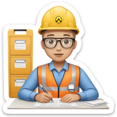The occupational safety specialist is sitting at the paperwork sticker
