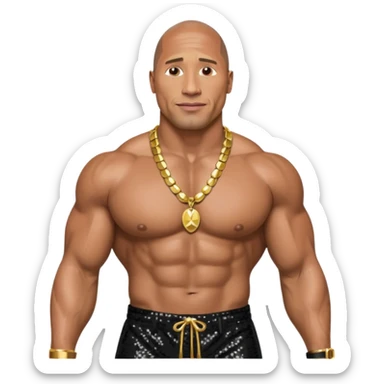 Dwayne Johnson with black sequin baggy pants, shirtless with necklace sticker