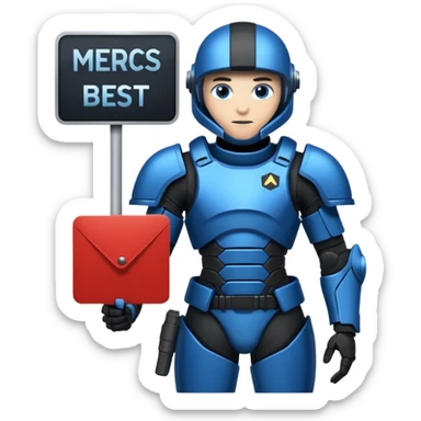 a futeristic scifi soldier in blue and black holding a sign saying Mercs, under this futeristic scifi in blue and black holding a sign is the text we are the best. in gif sticker