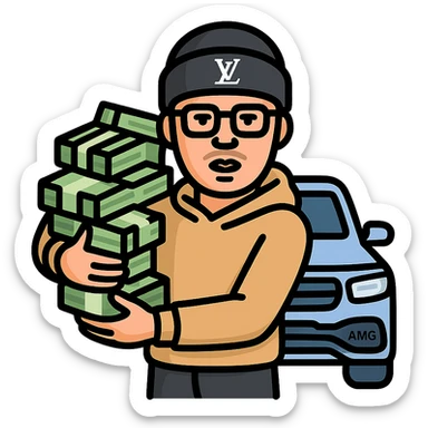 Create an icon version of the person in the reference image with realistic white skin tone, natural facial features, and a goatee. He is wearing a regular hoodie and black sweatpants (not chrome). The hat is black with an LV logo on top. The person is holding realistic, full-color US dollar bills. Add Cartier-style glasses. The car behind him is an AMG model. The overall style is bold and iconic with lineal color icon and black outlines. sticker
