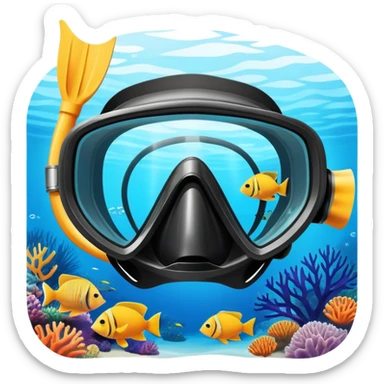 An icon featuring a close-up of a diving mask, snorkel, and fins floating on the surface of vibrant blue water. In the background, coral reefs and tropical fish create a lively underwater scene. Transparent background highlights the beauty and adventure of the diving experience. sticker
