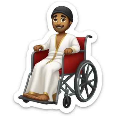 Indian guy in wheelchair with robe on and beenie sticker
