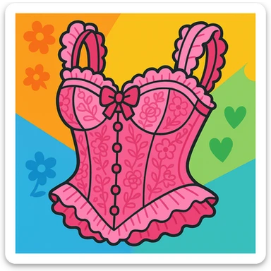 a pink lacey coquette corset, elegant and romantic, with frills and floral lace, vibrant toon style sticker