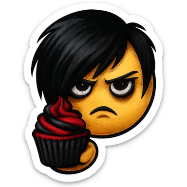 emo emoji, black and red cupcake, edgy and expressive, no background sticker