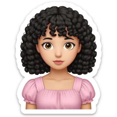 uma menina fofa de pele oliva e cabelos pretos encaracolados e com franja encaracolada e um vestido rosa pastel sticker