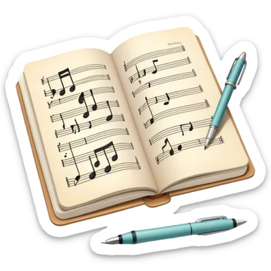 Create an emoji representing songwriting. The design should feature an open notebook or sheet music with visible lyrics and musical notes, symbolizing the process of writing song lyrics. A pen or pencil should be placed near the notebook, indicating active writing. Use a harmonious color palette with warm and neutral tones. Do not include any emojis or smiley faces. Make the background transparent. sticker