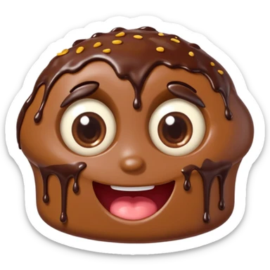 Funny cartoon chocolate mini pastry, crazy wide eyes, messy chocolate dripping, smiling distorted face, chibi style, Twitch emoji style, transparent background, colorful sticker