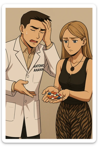 fai un webtoon/manga a colori con questo kinesiologo in camice bianco (fagli la scritta "ANTONIO ANANIA" SUL CAMICE) CHE PARLA CON QUESTA RAGAZZA CON GLI OCCHI AZZURRI. LA RAGAZZA HA UN PUGNO DI INTEGRATORI IN MANO (TANTE PILLOLE DIVERSE) E LE GUARDA DUBBIOSA. IL KINESIOLOGO CON IL CAMICE BIANCO SI TIENE UNA MANO SULLA FRONTE SCONFORTATO MENTRE LE DICE CHE STA SBAGLIANDO A PRENDERE TUTTI QUEGLI INTEGRATORI. NON FARE I FUMETTI, FAI SOLO LORO COME SE DIALOGASSERO sticker