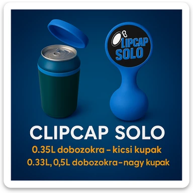 A kupakokat színezd át kékre. A CLIPCAP DUO felírat helyett CLIPCAP SOLO felírat legyen, a "kicsi és nagy kupak a csomagban" szöveg helyett "0.25L dobozokra - kicsi kupak" és a "0.33L,0.5L dobozokra - nagy kupak" külön sorban. sticker
