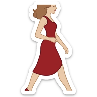 Create an image of the girl from the first reference (https://attic.sh/1730fsuvp96t05lhz4ccxqooc8bx) with the exact pose from the sketch in the second reference (https://attic.sh/3xt2nuuseuyn2zphhymm7ujswlel). Maintain the same appearance, hairstyle, red dress, and shoes style and color. The pose should have both legs almost level, left leg slightly forward, right leg slightly back, both slightly bent; left arm down, right arm bent. The background should be transparent. Ensure the entire figure is fully in frame without cropping any body parts. sticker