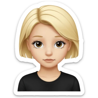 Fille jolie de 15 ans blonde aux cheveux longs avec des faux cils et un t-shirt noir sticker