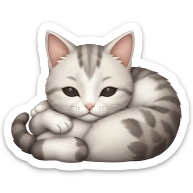 grey and white small cat with eyes closed lying down upside down tightly hugging its own face sticker