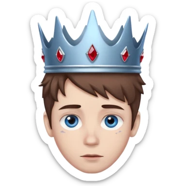 grey boy head with right eye blue and left eye red. he has messy brown hair and a silver crown with rubies on it sticker