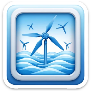 a Tiny compressed Stylized blue wind symbol inside a pastel gradient white square icon sticker