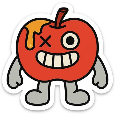 plush apple character with soft light grey limbs, left eye replaced by stitched X, golden ichor oozing from stem, wide toothy grin, no leaf sticker