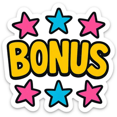 the word BONUS in large letters, all the same vibrant color, surrounded by stars, no background or sign behind, just the letters and stars, vibrant cartoon style sticker