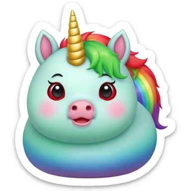 Small chubby unicorn in colours of jade green, black and red eyes, farting rainbow sticker
