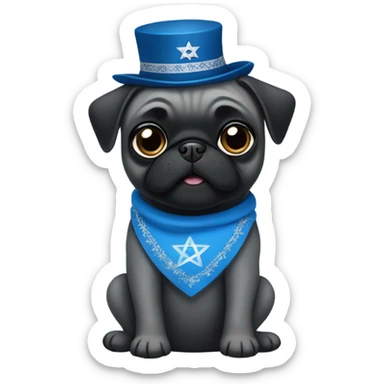 Black pug in a blue dress with a Jewish star on the dress sticker