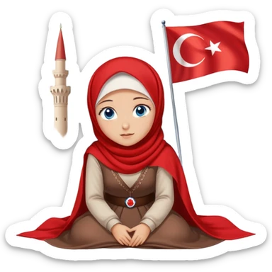 Turkish beautiful finish Konya girl blue eyes with red white hijab dress with turkish flag and watching the sky on the ground  sticker