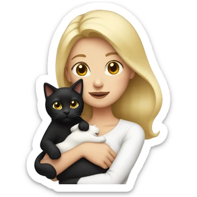Blonde mom holding black cat with white chest sticker