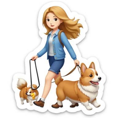 A long-haired girl walking a corgi sticker