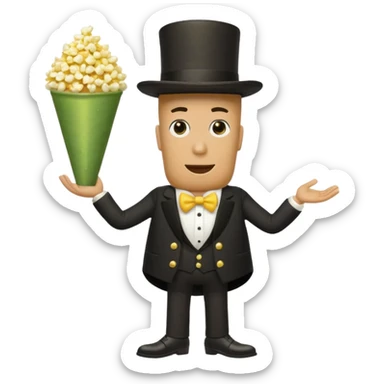 Popcorn cone traffic dancing 3 legs 2 on the floor his 3rd arm is holding his 3rd leg and 1 pickle dipped in ranch on his black top hat sticker