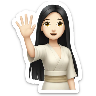 Japanese girl with long black hair and pale skin waving her hand saying hello sticker