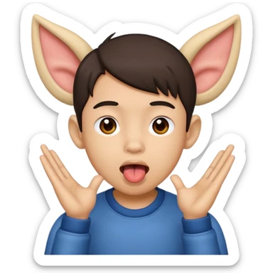 a boy with asian eyes holding his ears and with his tongue out sticker