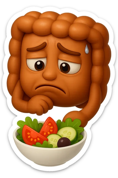 EMOJI STILE IPHONE DI UN INTESTINO UMANO ANATOMICO CHE GUARDA UN INSALATA CON ESPRESSIONE TRISTE E RASSEGNATA IN VOLTO: SOFFRE LA FAME PERCHé è A DIETA, FAGLI ANCHE LA PARTE BIANCA DEGLI OCCHI, NON SOLO LE PUPILLE, IPERREALISTICO 4K sticker