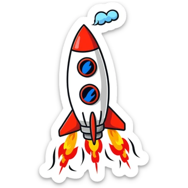 A colorful rocket blasting off with flames and clouds of smoke sticker