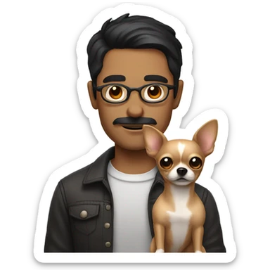dark hair dark eye man with short mustache wearing glasses holding chihuahua sticker