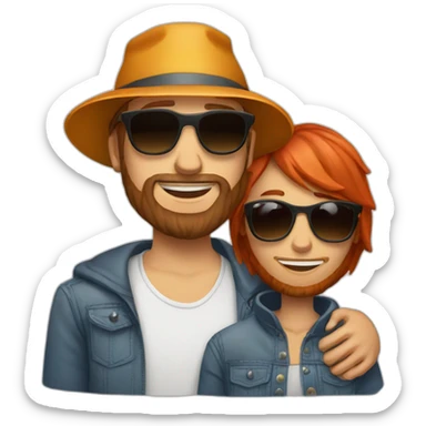 red haired man with beard wearing bucket hat and sunglasses hugging another person sticker
