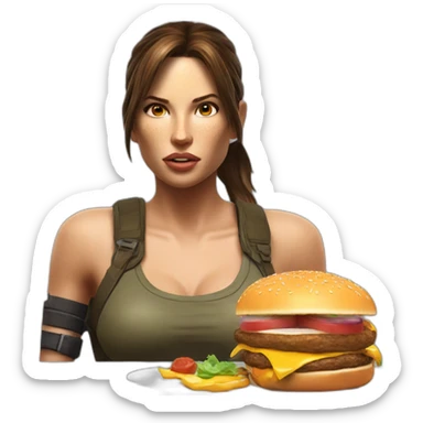 Lara Croft eating a Burger hyperrealistic sticker