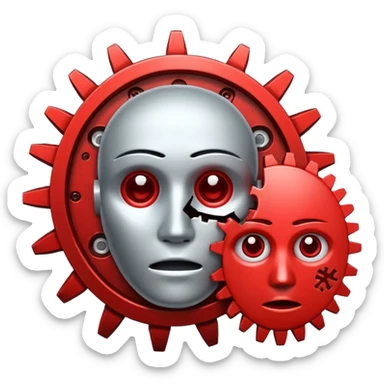 Broken Face ID scanner icon with red X and gears settings nearby, flat UI style alert. sticker